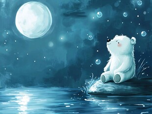 月夜下的小熊独坐