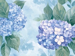 蓝紫色绣球花与绿叶插画