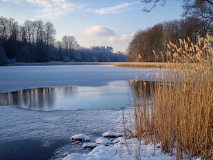 冬日冰封湖畔的静谧景致