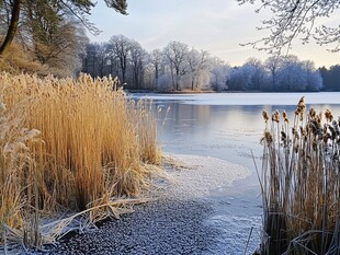 冬日湖畔的静谧景致
