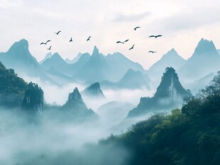 山峦云海间飞鸟翱翔