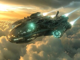 未来科幻飞船翱翔云海间