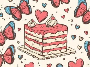 甜蜜蛋糕与蝴蝶爱心图案