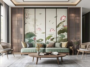 中式客厅之诗意荷花屏风
