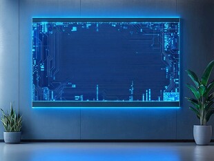 科技感蓝屏墙面与绿植