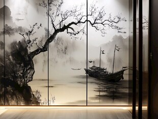 中式水墨风山水屏风画