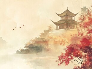 古风楼阁秋景图