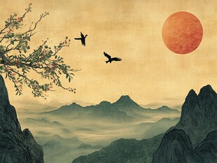 夕阳飞鸟映山峦