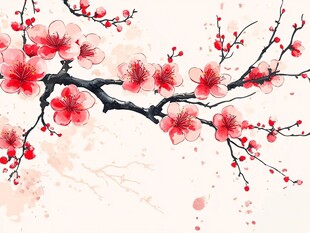 水墨红梅绽放枝头