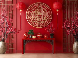 中式红墙前的传统装饰