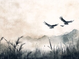 水墨旷野中飞鸟翱翔