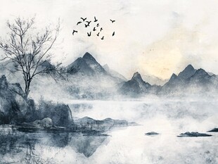 水墨山水间飞鸟伴孤树