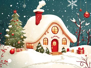 温馨冬日圣诞小屋雪景