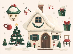 冬日圣诞小屋装饰元素集