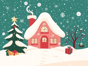 冬日温馨雪景中的童话小屋