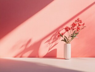 粉色背景下的花瓶与红花