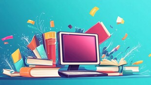 书籍环绕的电脑学习场景