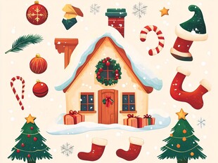 圣诞小屋与节日装饰元素