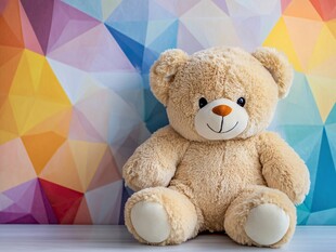 可爱泰迪熊背靠多彩几何墙