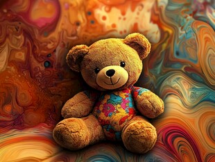 多彩背景中的可爱泰迪熊