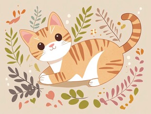 可爱花猫置身绿植间
