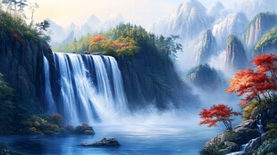 山间飞瀑秋景图