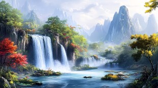 山水瀑布自然美景图