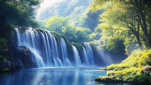 梦幻森林中的壮美瀑布景观