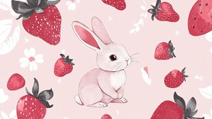 兔子与草莓的梦幻插画