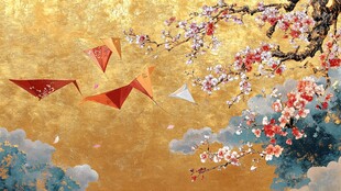 金色背景下的纸鸢与繁花