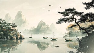 水墨山水间的悠然舟行