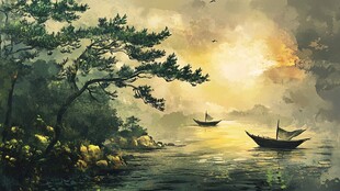 夕阳下的江畔行舟图景