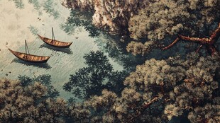 江上扁舟伴绿树