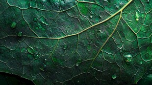 带水珠的翠绿叶片特写