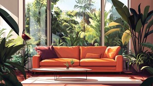 橙色沙发的室内绿植景观