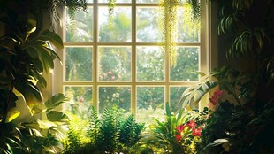 透过窗户的绿植梦幻景致