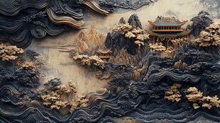 中式浮雕山水楼阁艺术图景