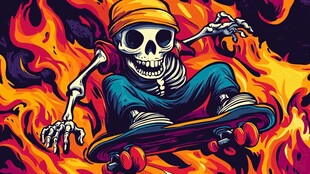 骷髅滑板手在火焰中炫技