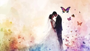 梦幻中拥吻的浪漫新婚夫妇