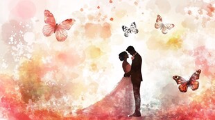 浪漫情侣与纷飞蝴蝶画面