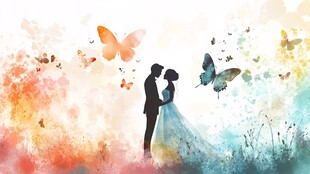 浪漫情侣与纷飞蝴蝶剪影