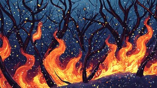 雪夜中燃烧的奇幻树林