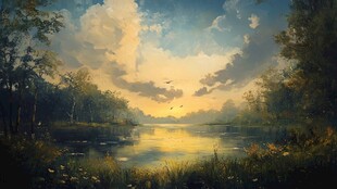 黄昏湖畔森林诗意美景