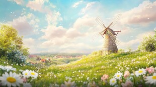 田园风车下的烂漫花海