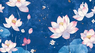 蓝底粉荷中式唯美花卉图