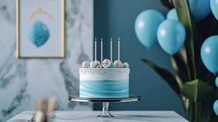蓝色系生日蛋糕与气球装饰