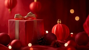 红色圣诞礼物与节日装饰