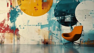 橙色座椅搭配艺术涂鸦墙