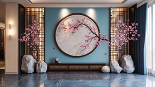 中式玄关 雅致梅花壁画景致