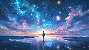 少女凝望梦幻星空之景